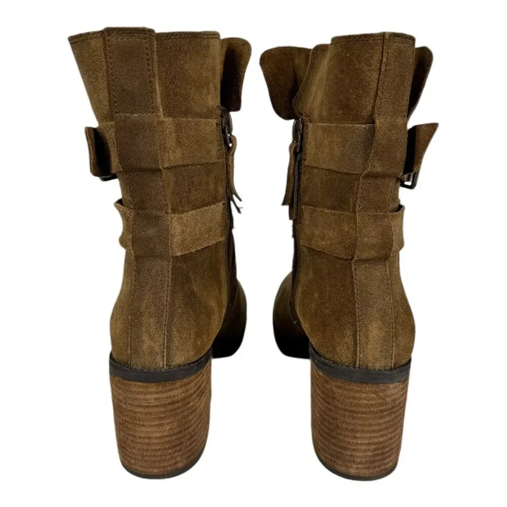 Clarks Malvet Doris Brown Suede Boots 8.5 Moto Buckle Stacked Heel Ankle Fall - Picture 4 of 7